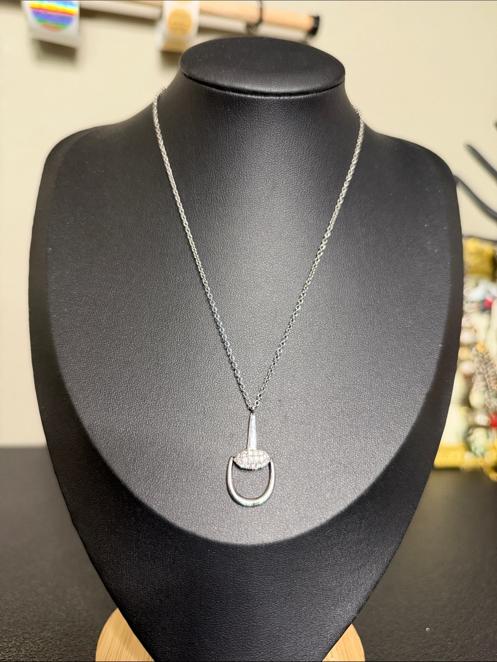Dainty Silver Tone Pavé Rhinestone Hoop Tidbit Stirrup Pendant Necklace